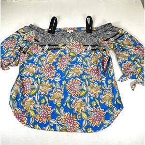 Chenault Womens 2X Blue Floral Mixed Print Bohemian Tie Sleeve Blouse Top